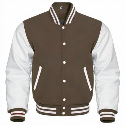Fit to lead Traders unisex brown varsity jacket with white sleeves, ribbed collar, cuffs, and hem, and white snap buttons.