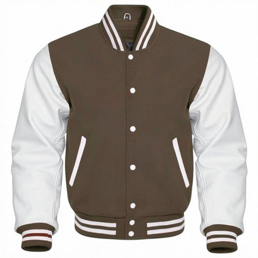 Fit to lead Traders unisex brown varsity jacket with white sleeves, ribbed collar, cuffs, and hem, and white snap buttons.