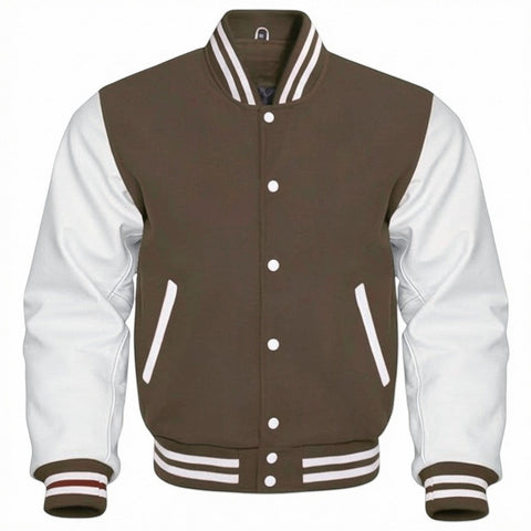 Fit to lead Traders unisex brown varsity jacket with white sleeves, ribbed collar, cuffs, and hem, and white snap buttons.