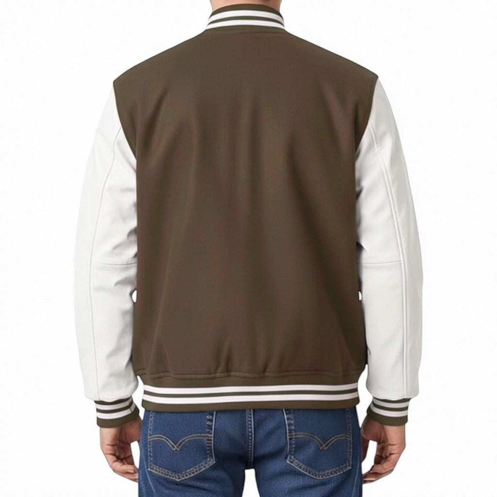 Fit to lead Traders unisex brown varsity jacket with white sleeves, ribbed collar, cuffs, and hem. Classic college streetwear style.