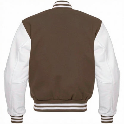 Fit to lead Traders unisex brown varsity jacket with white sleeves, ribbed collar, cuffs, and hem. Classic college streetwear style.