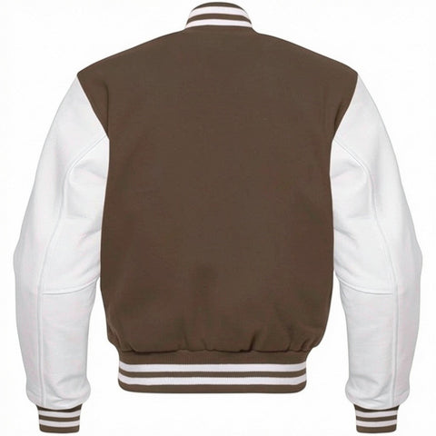 Fit to lead Traders unisex brown varsity jacket with white sleeves, ribbed collar, cuffs, and hem. Classic college streetwear style.