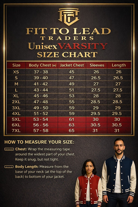 Fit to Lead Traders unisex varsity jacket size chart with measurements for chest, sleeves, and length. Includes how to measure instructions and models wearing jackets.