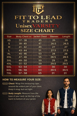 Fit to Lead Traders unisex varsity jacket size chart with measurements for chest, sleeves, and length. Includes how to measure instructions and models wearing jackets.