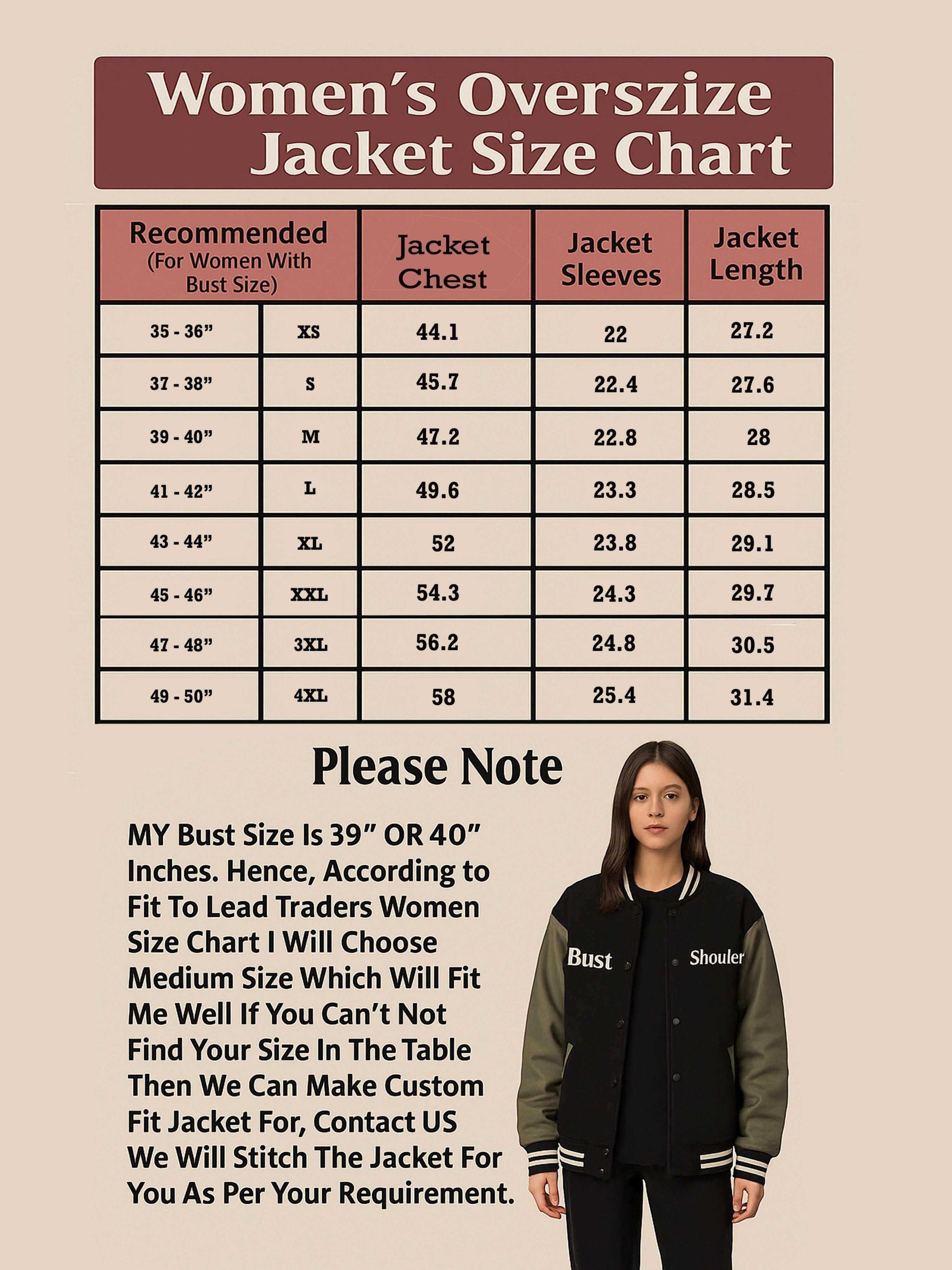 Fit to Lead Traders women's oversized bomber jacket size chart with measurements and a model wearing a black and green varsity jacket.