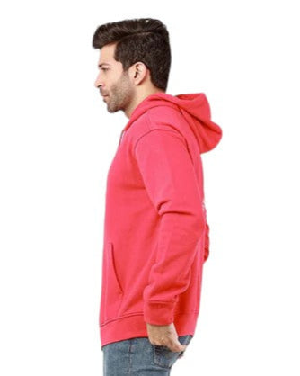 Person wearing a red hoodie on a white background