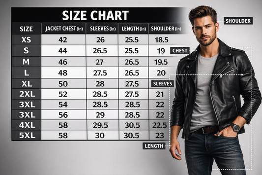 Size chart for a jacket with a man wearing a leather jacket for reference.