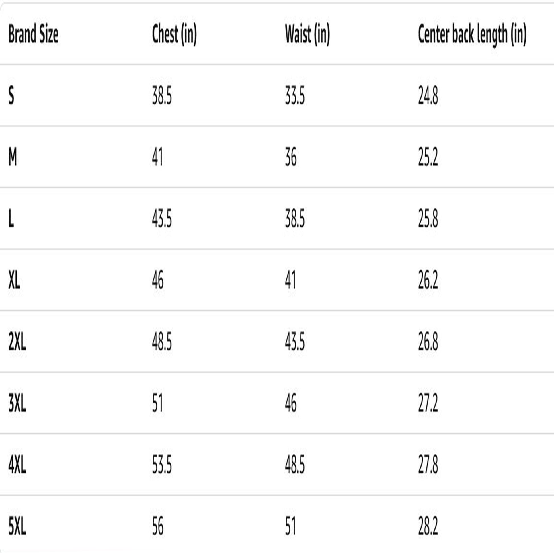 Table displaying clothing size chart with chest, waist, and center back length measurements.