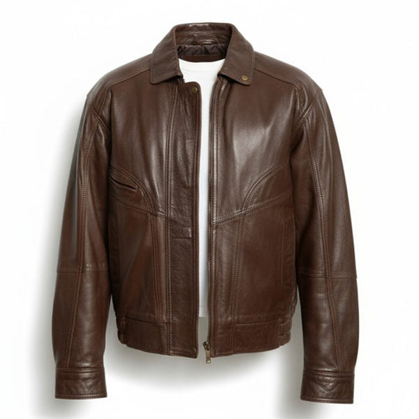 Brown leather jacket on a white background