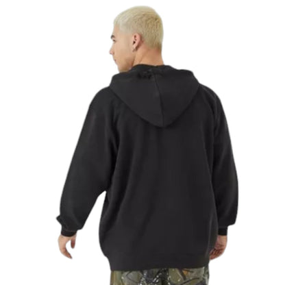 Person wearing a black hoodie from behind on a white background