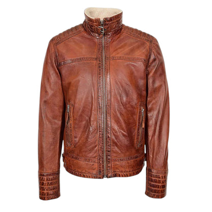 Men’s Sherpa Lined Brown Leather Warm Biker Style Jacket