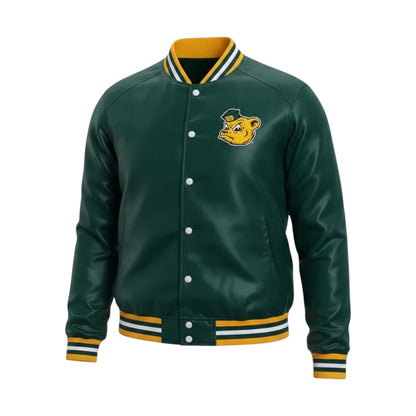 Green varsity jacket with yellow and black accents on a white background