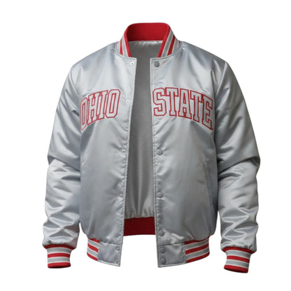 Men’s Ohio State Grey Satin Varsity Bomber Jacket Baseball Style Coat