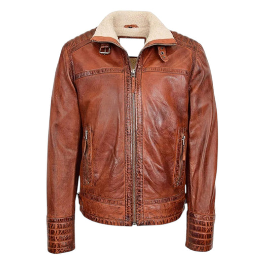 Men’s Sherpa Lined Brown Leather Jacket Warm Winter Biker Style Coat