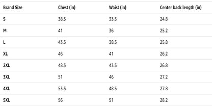 Table displaying brand size measurements for chest, waist, and center back length.