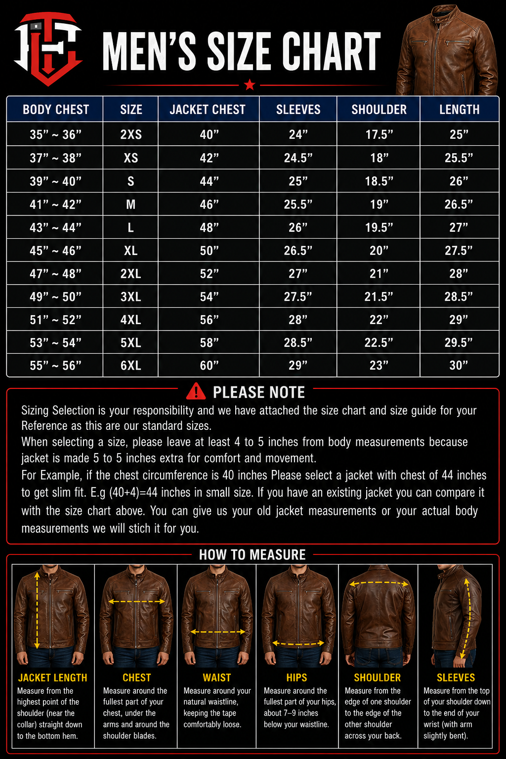 Men's size chart for jackets with measurements and visual examples.