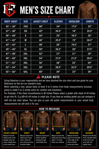 Men's size chart for jackets with measurements and visual examples.