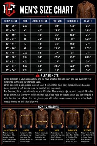 Men's size chart for jackets with measurements and visual examples.