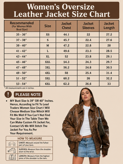 Women's Oversize Leather Jacket Size Chart with measurements and a model wearing the jacket.