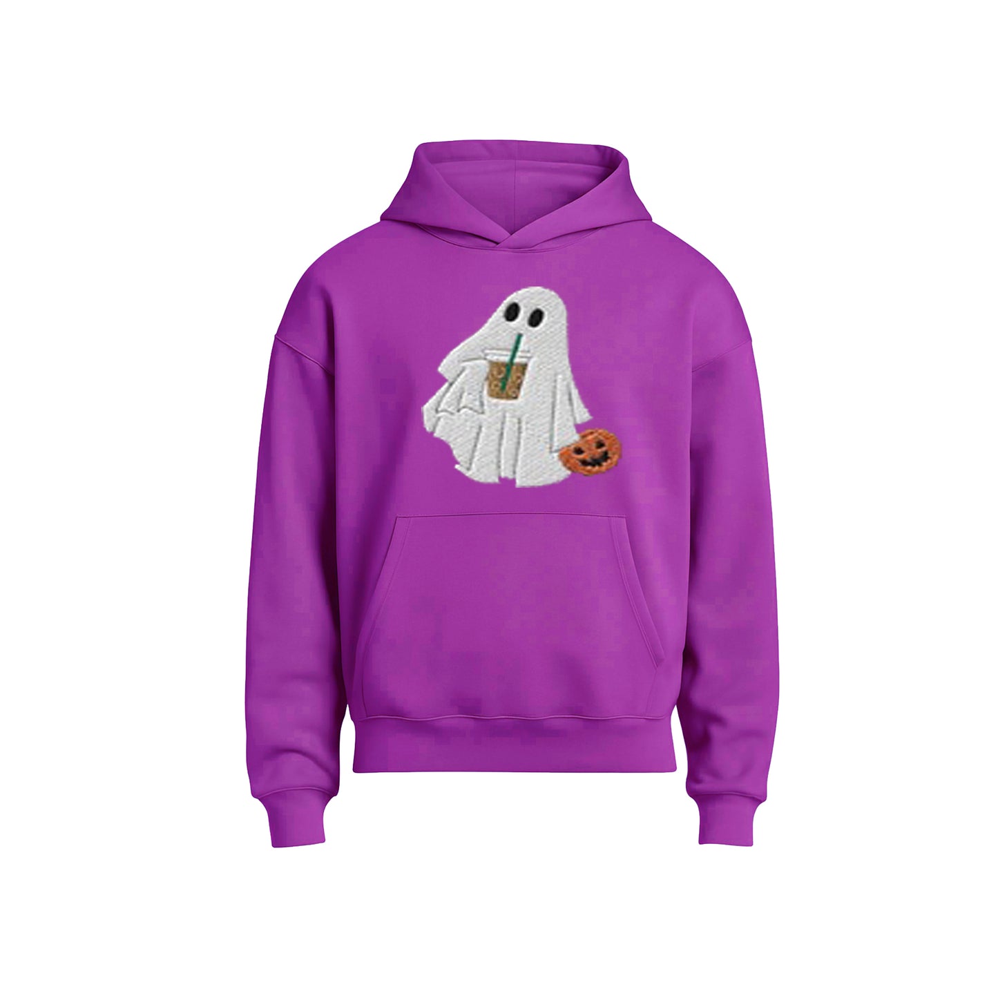 Purple hoodie with a ghost design holding a coffee cup and pumpkin on a white background