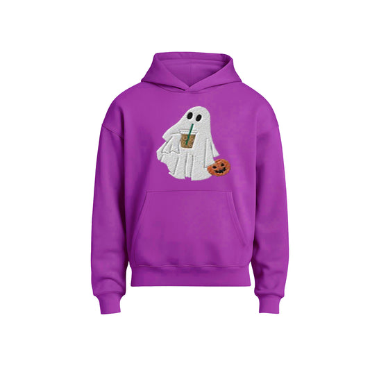 Purple hoodie with a ghost design holding a coffee cup and pumpkin on a white background