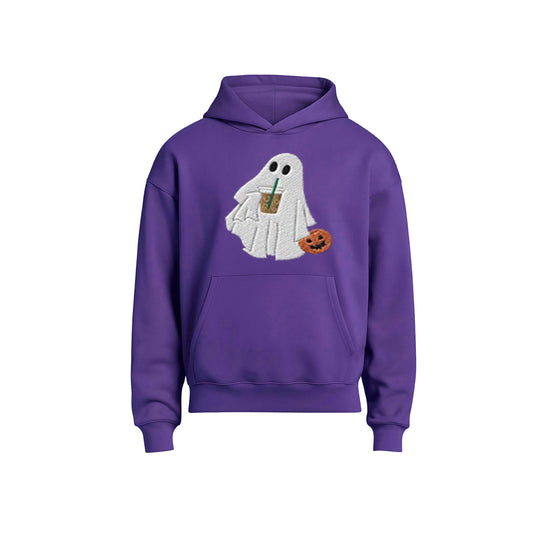 Purple hoodie with a ghost design holding a pumpkin and drink on a white background