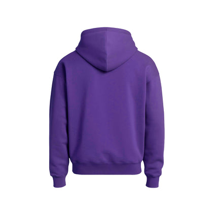 Purple hoodie shown from the back on a white background