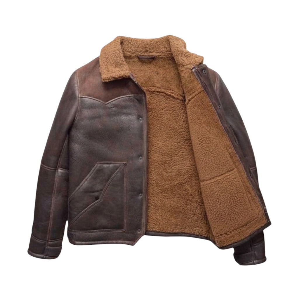 Men’s Brown Rancher Shearling Leather Western Winter Jacket