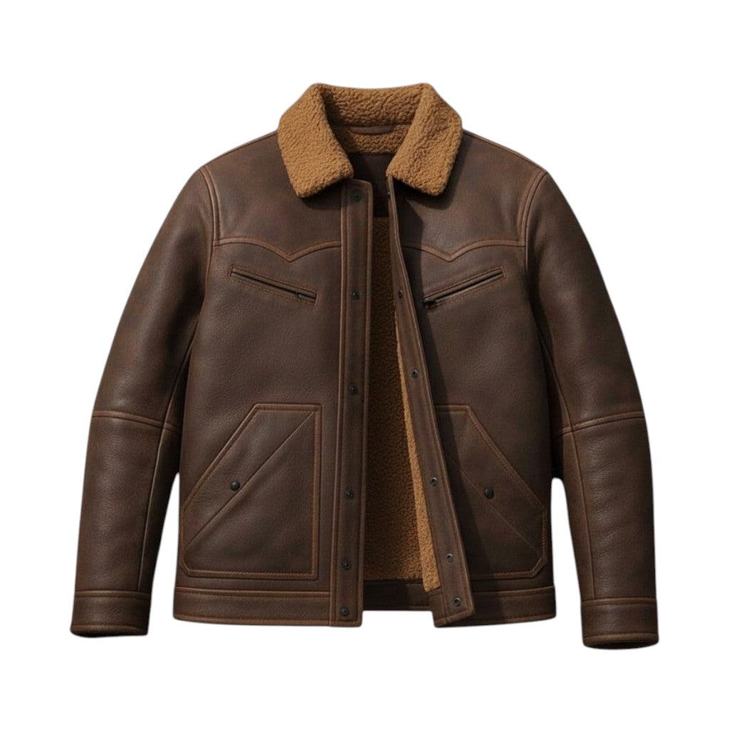 Men’s Brown Rancher Shearling Leather Western Winter Jacket