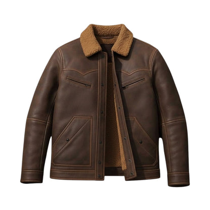 Men’s Brown Rancher Shearling Leather Western Winter Jacket