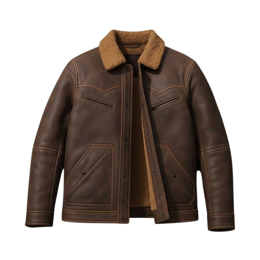 Men’s Brown Rancher Leather Shearling Jacket Winter Western Coat