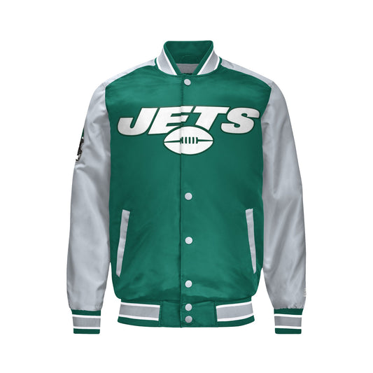 Men’s New York Jets Satin Varsity Jacket | Snap Button Bomber