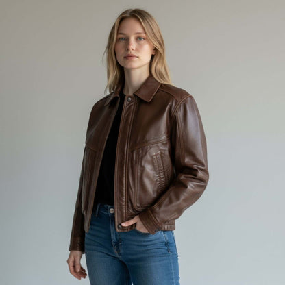 Oversized 90s Retro Leather Bomber Brown Leather Jacket