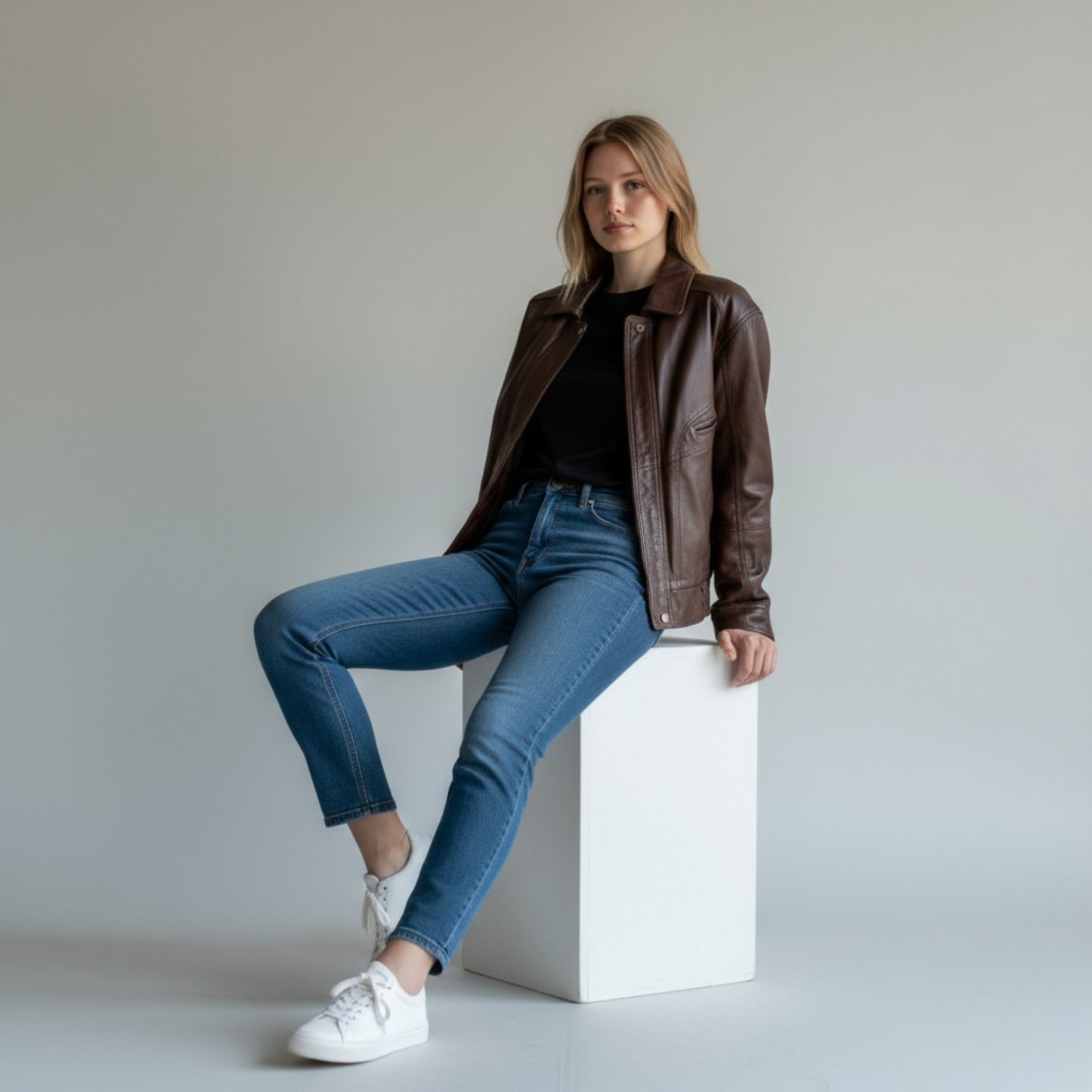 Woman sitting on a white cube wearing a brown leather jacket, blue jeans, and white sneakers.