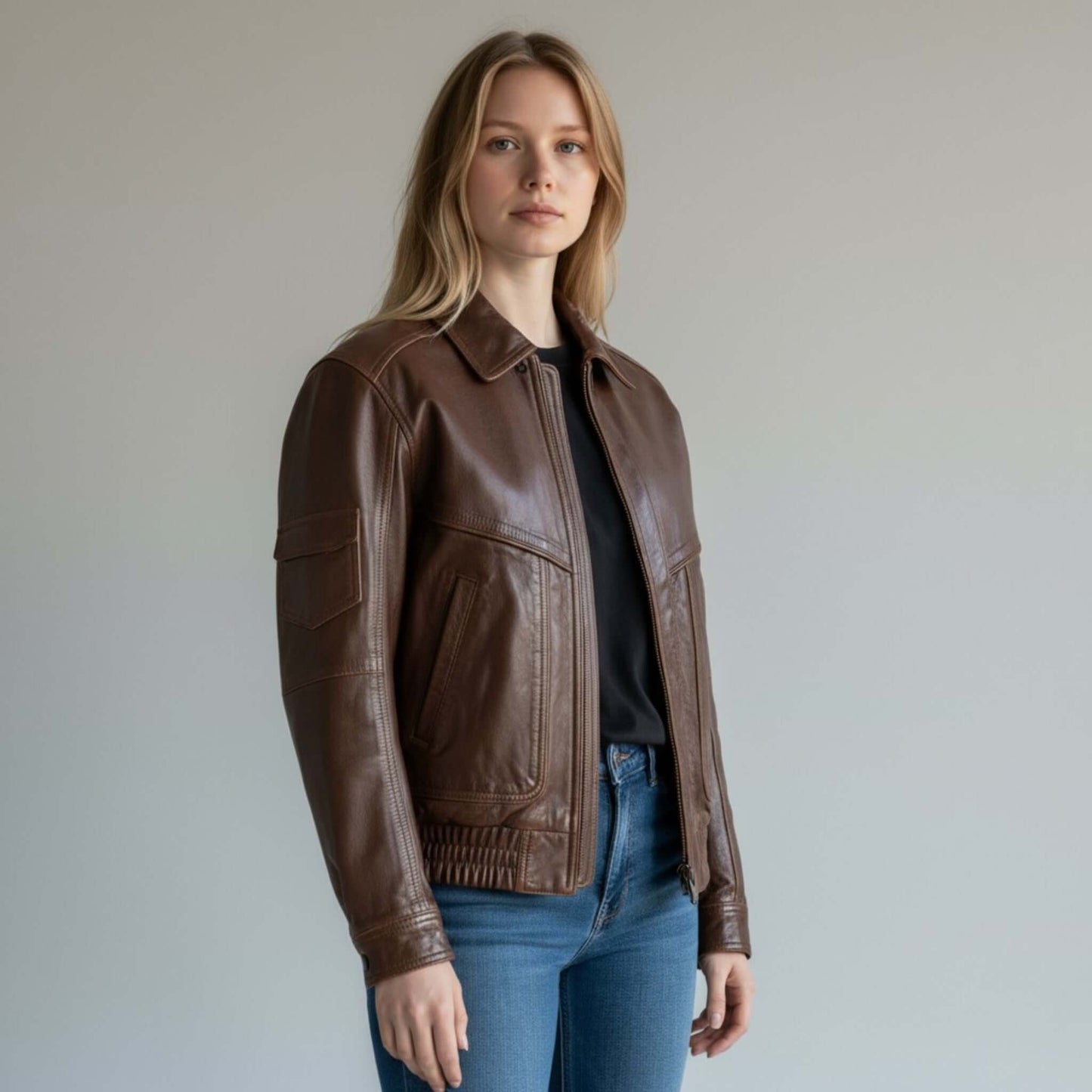 Oversized 90s Retro Leather Bomber Brown Leather Jacket