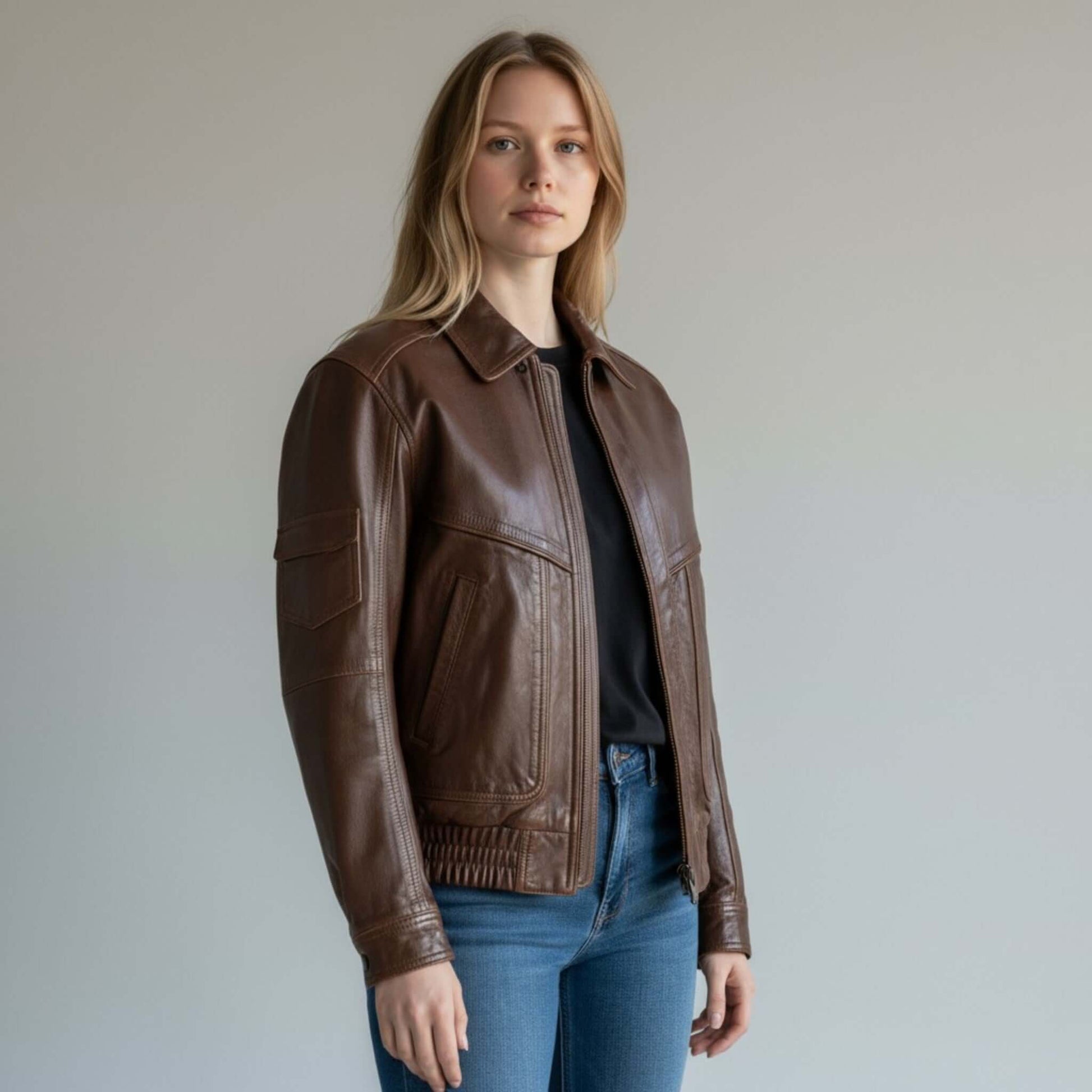 Oversized 90s Retro Leather Bomber Brown Leather Jacket