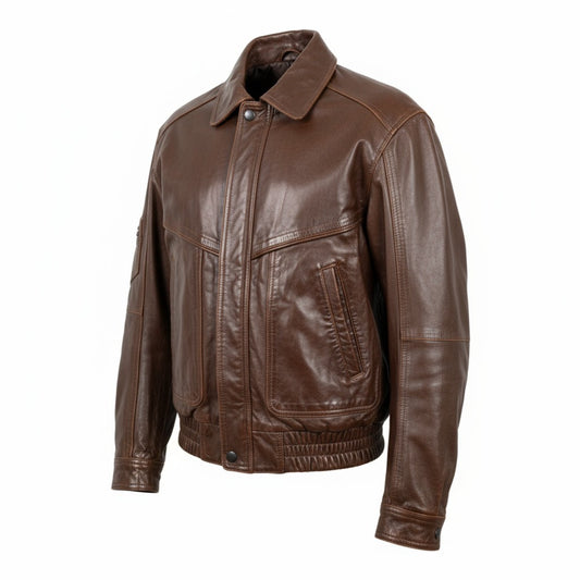 Brown leather jacket on a white background