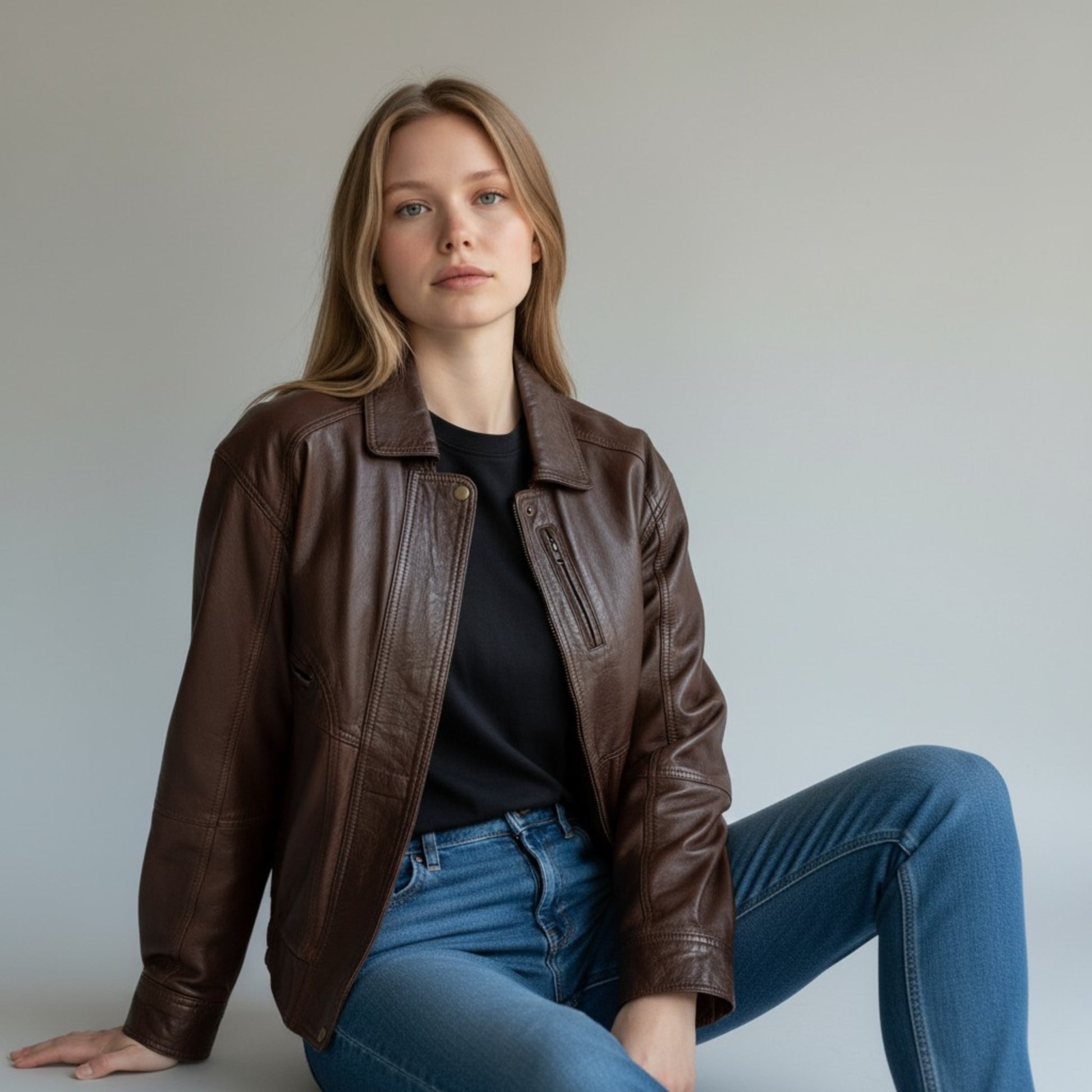 Woman wearing a brown leather jacket and blue jeans against a plain background