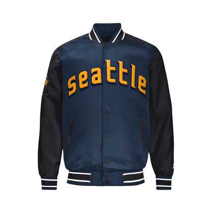 Men’s Seattle Mariners Satin Varsity Jacket – Snap Button Bomber
