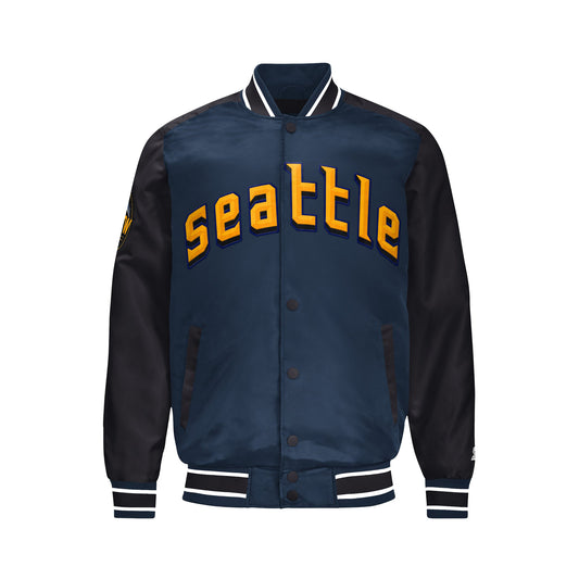 Men’s Seattle Mariners Satin Varsity Jacket – Snap Button Bomber