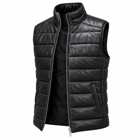 Black Sheepskin Leather Puffer Vest – Quilted Leather Down Vest