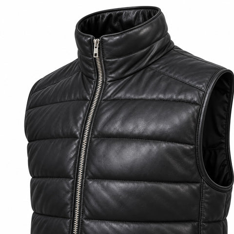Black Sheepskin Leather Puffer Vest – Quilted Leather Down Vest