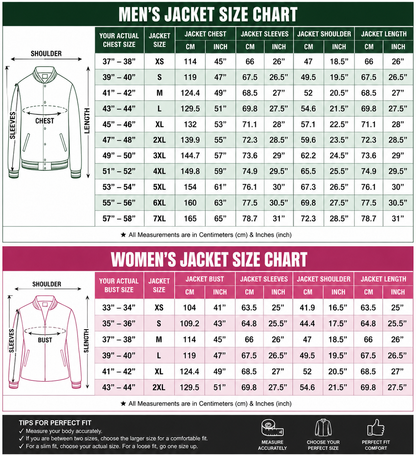 Size chart for men's and women's jackets with measurements in centimeters and inches.