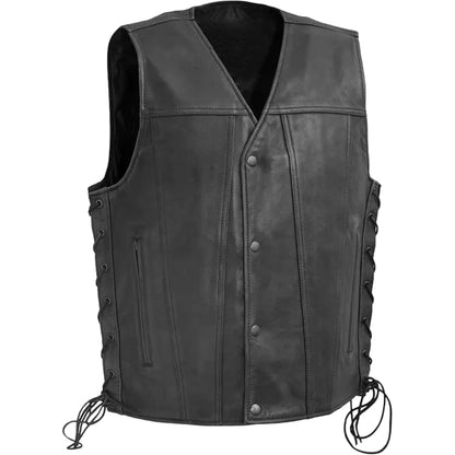 Black leather vest with buttons and drawstrings on a white background