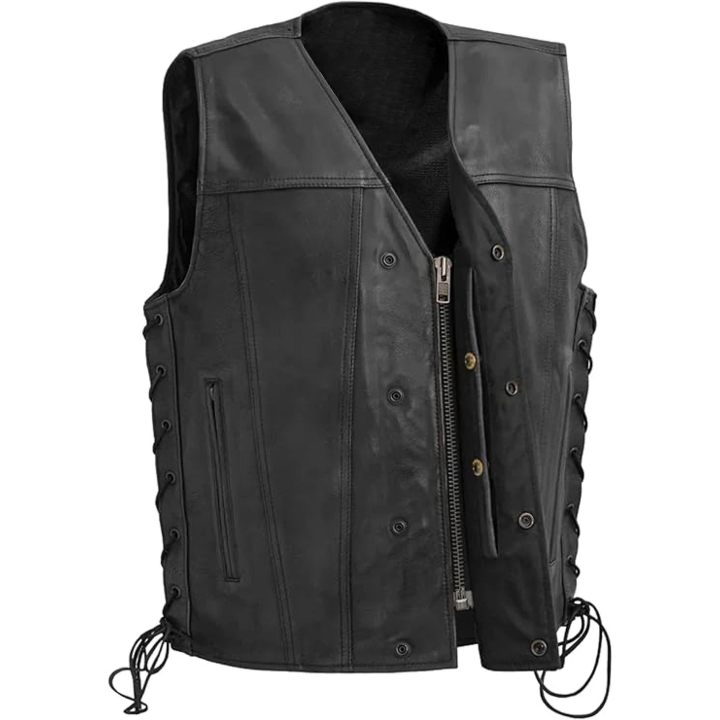 Black leather vest with multiple pockets and zippers on a white background