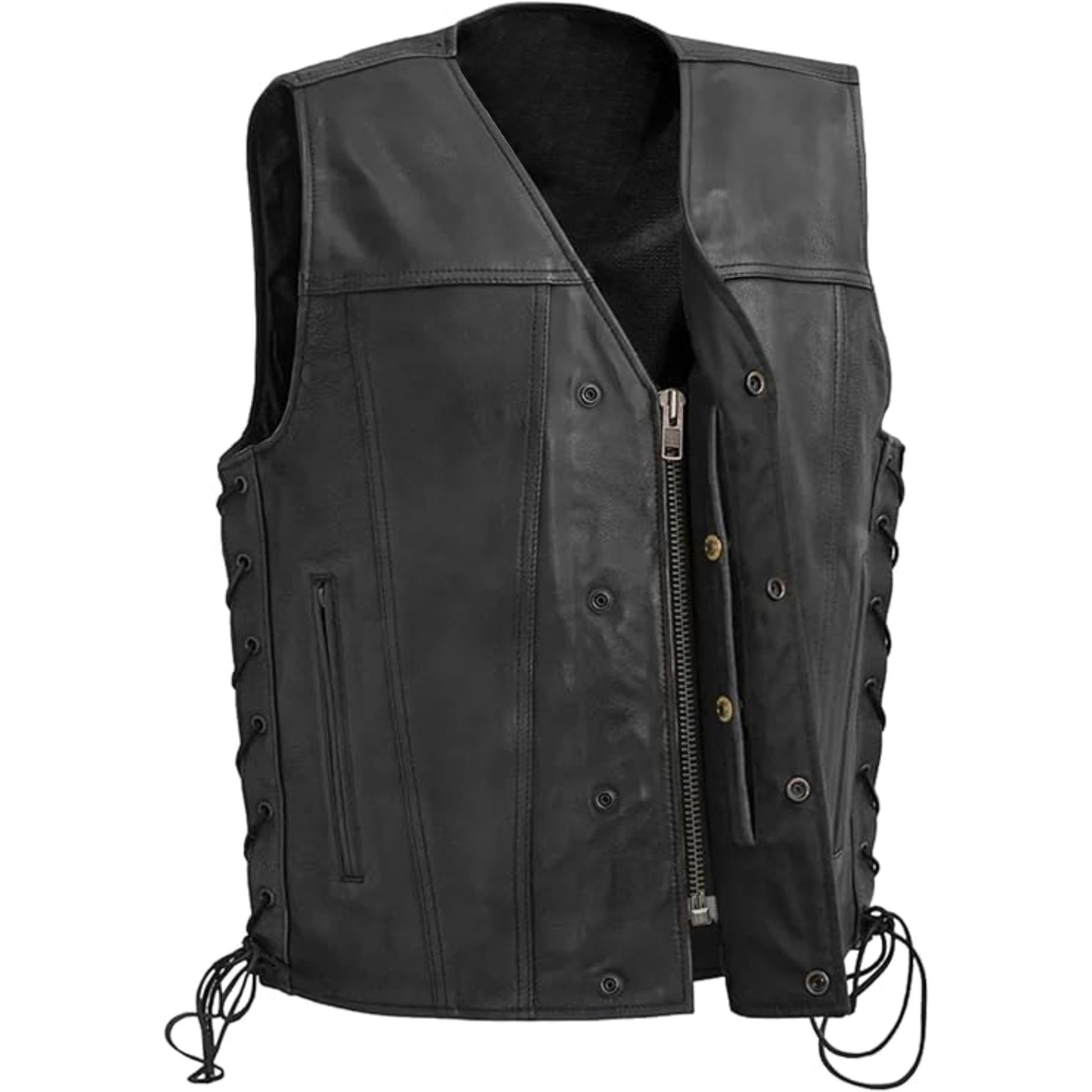 Black leather vest with multiple pockets and zippers on a white background