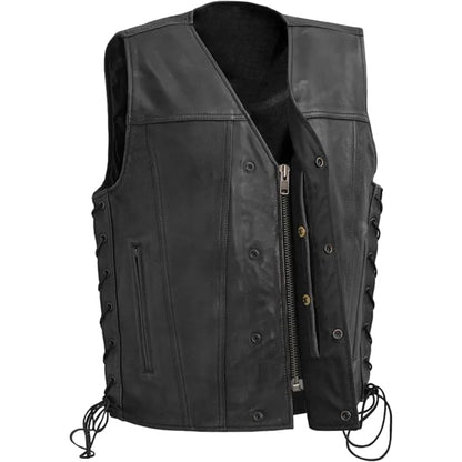 Black leather vest with multiple pockets and zippers on a white background