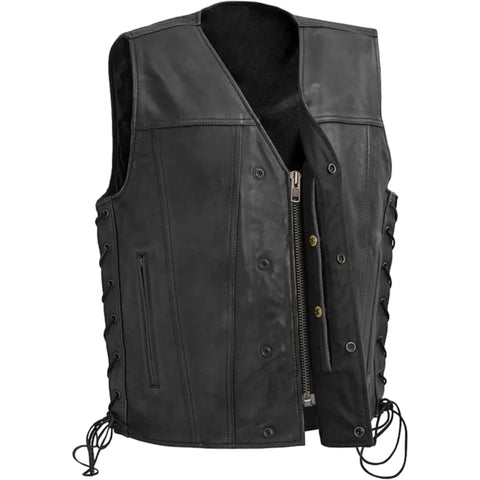 Men Black High Roller Club Motorcycle Leather Vest