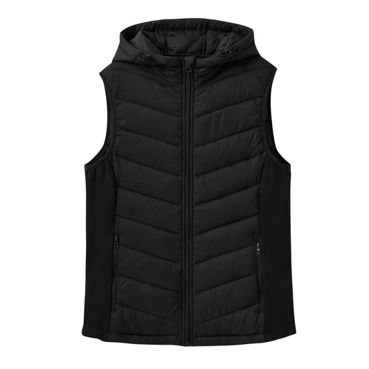 Black puffer vest with a hood on a white background