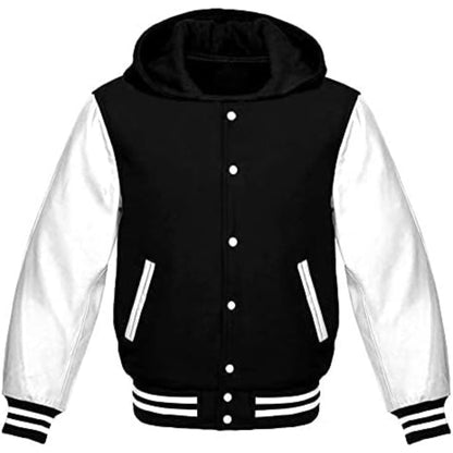 Black and white varsity jacket with a hood on a white background